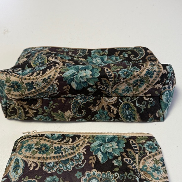 Hand Crafted Floral Cosmetic Bag Set - Teal and Brown - Picture 4 of 4